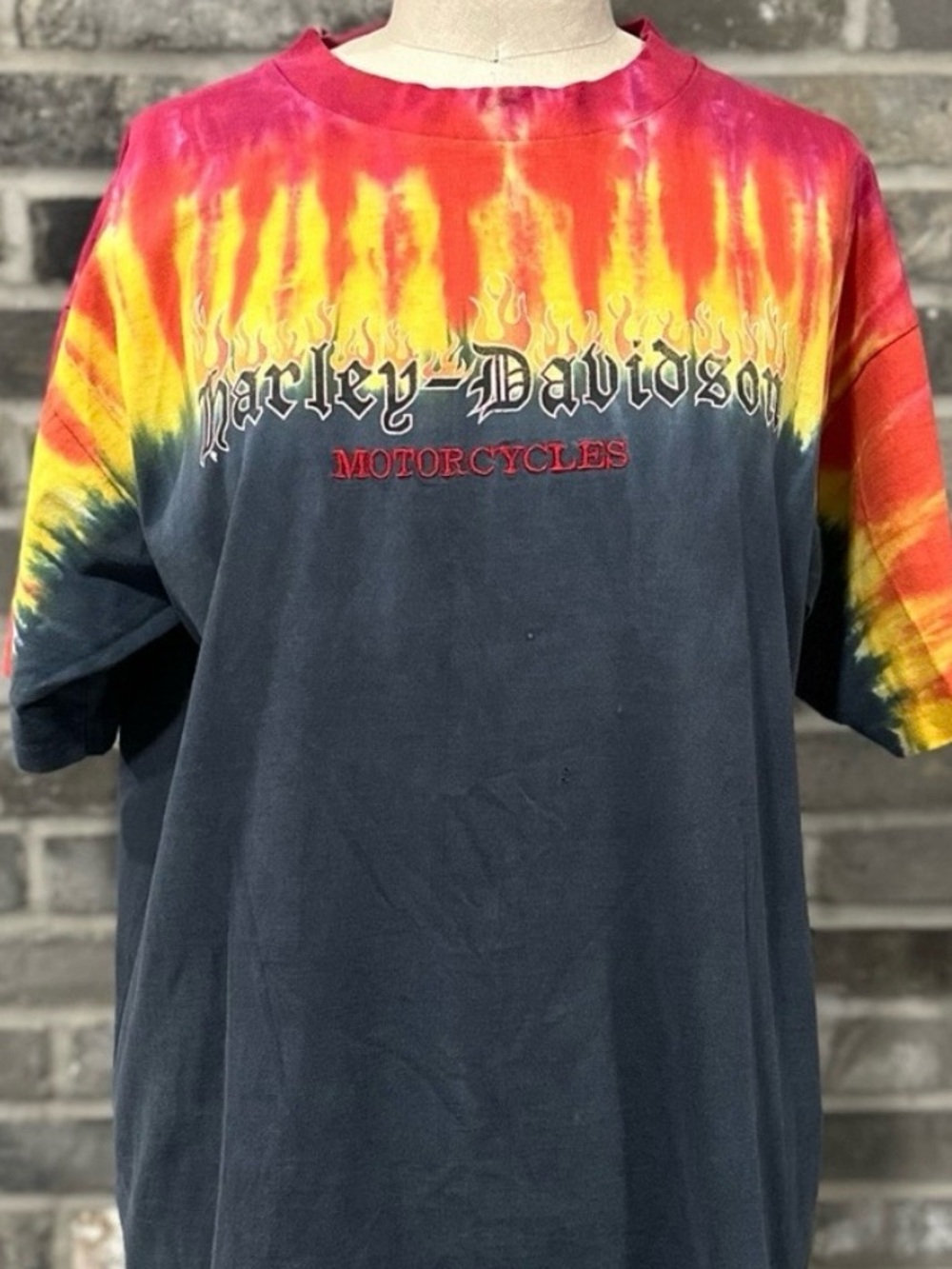 Harley Davidson Flame Tie Dye Embroidered Y2K USA Made Single Stitch Shirt Large
